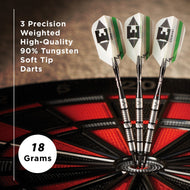 Three soft-tip darts with white flights and green stripes in a dartboard