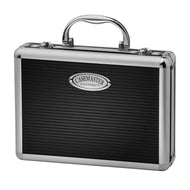 Silver and black aluminum case with horizontal ribbed black panel, carrying handle, and Casemaster badge