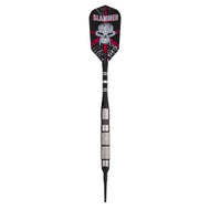 Slammer dart with black flights featuring white skull and magenta accents, metal barrel, and textured grip