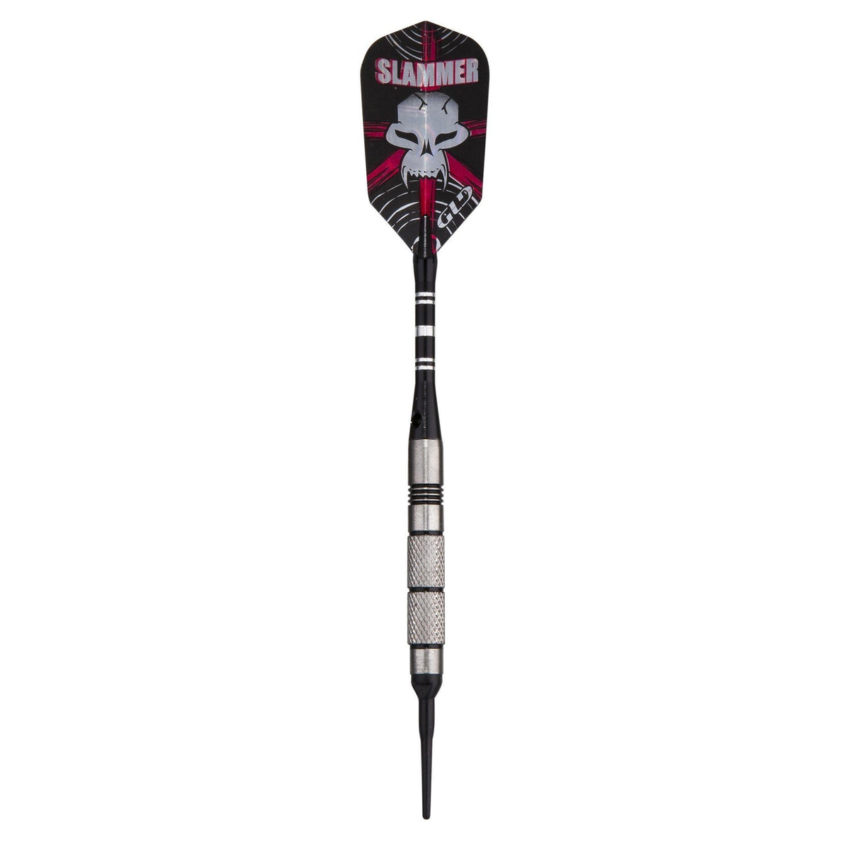 Slammer dart with black flights featuring white skull and magenta accents, metal barrel, and textured grip