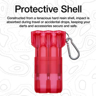 Red translucent hard resin dart case with metal carabiner clip attached to side