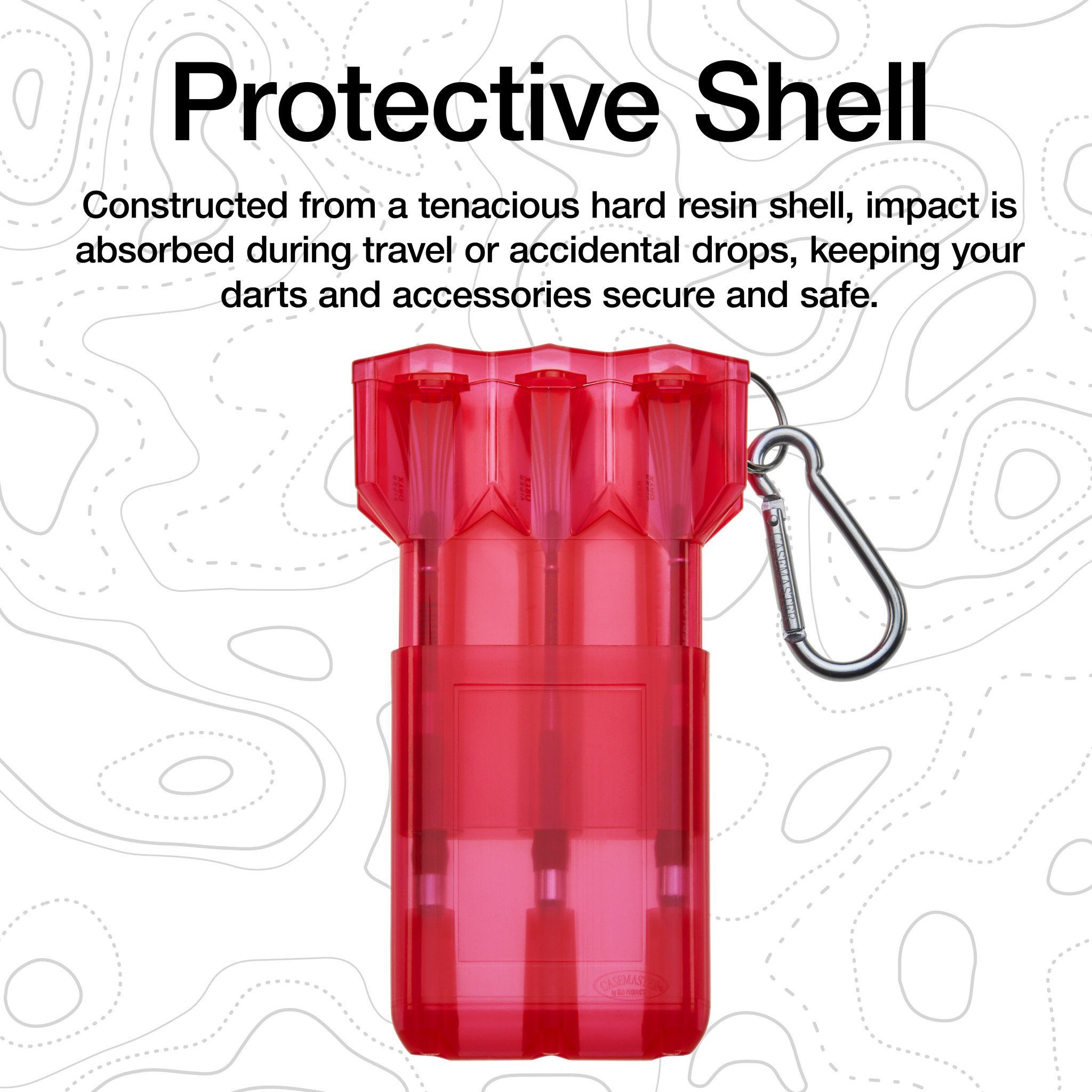 Red translucent hard resin dart case with metal carabiner clip attached to side