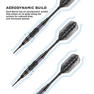 Four black darts with patterned flights shown with blue airflow lines around barrels