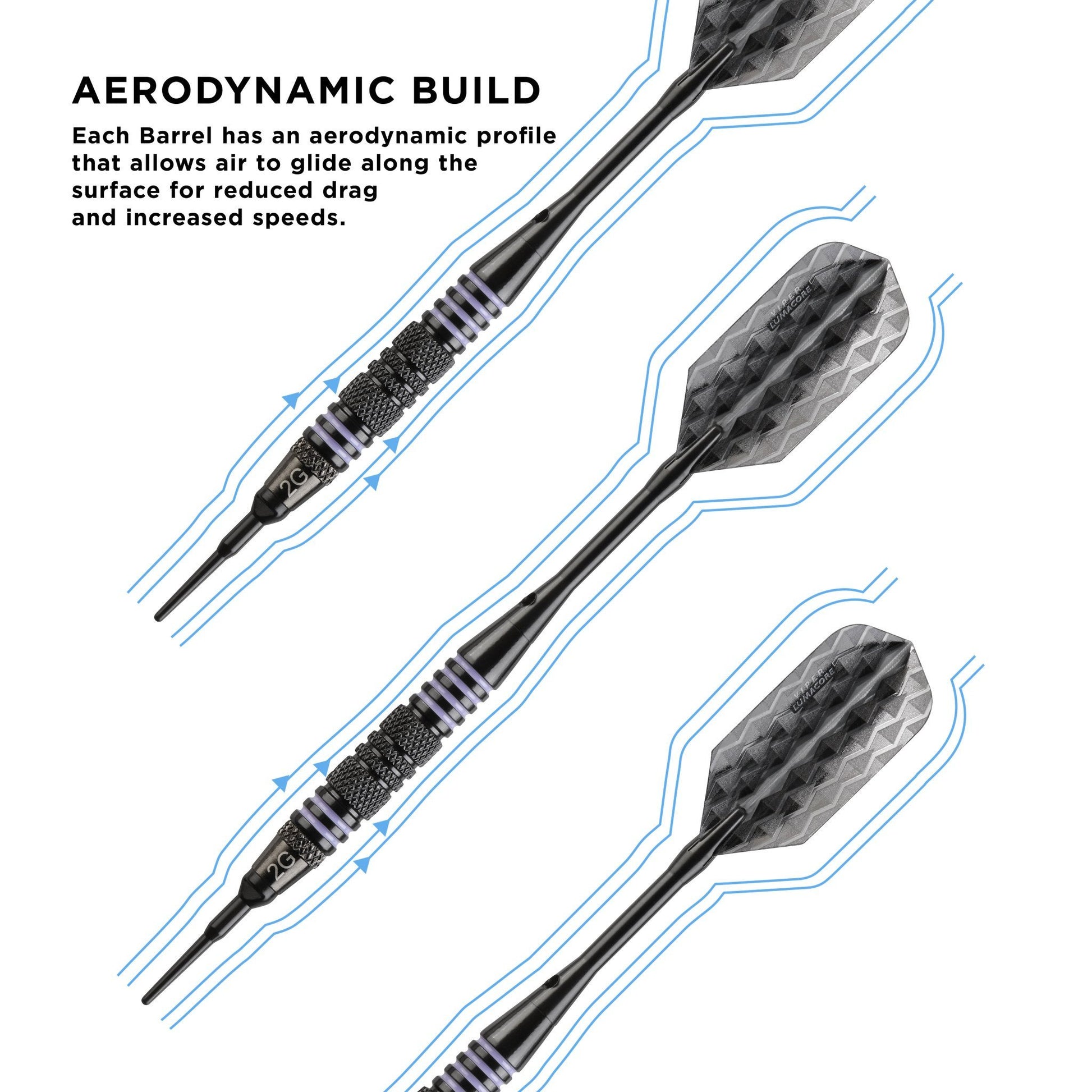 Four black darts with patterned flights shown with blue airflow lines around barrels