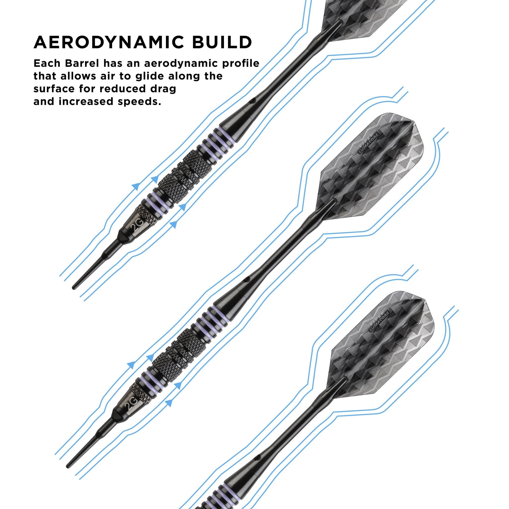 Four black darts with patterned flights shown with blue airflow lines around barrels