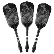 Three black darts with gray winged eagle graphics and white stripe wrapping on shafts