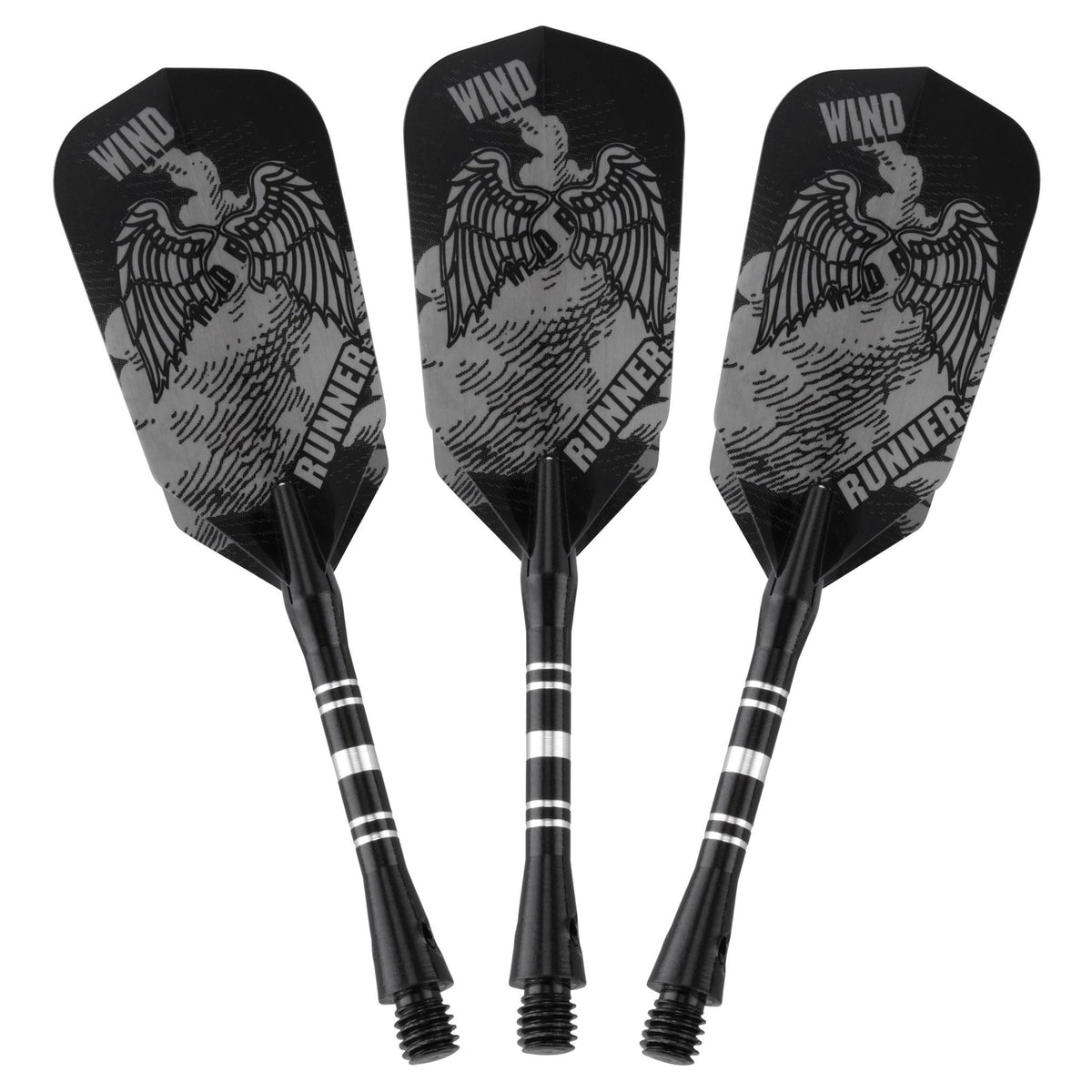Three black darts with gray winged eagle graphics and white stripe wrapping on shafts