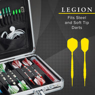 Black aluminum case holding green and red darts with yellow dart shapes shown on right