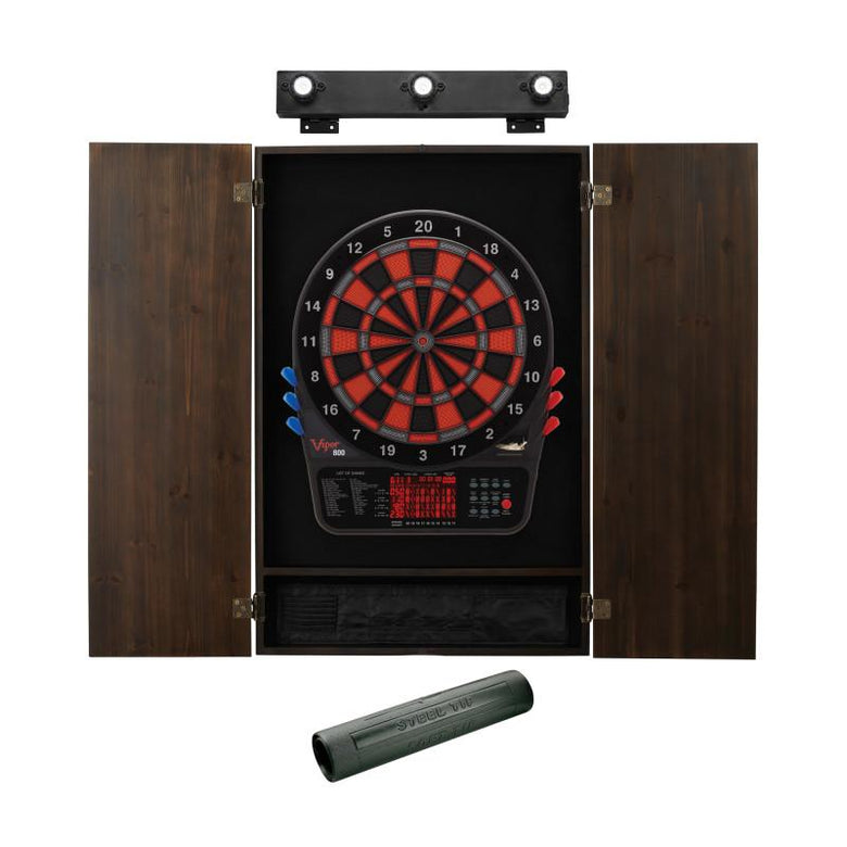 Viper 800 Electronic Dartboard, Metropolitan Espresso Cabinet, Dart Mat & Shadow Buster Dartboard Light Bundle Darts Viper 