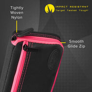 Black and pink dart case with nylon exterior and pink zipper detail
