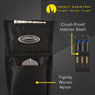 Black nylon dart case with Casemaster logo and interior compartments holding three darts