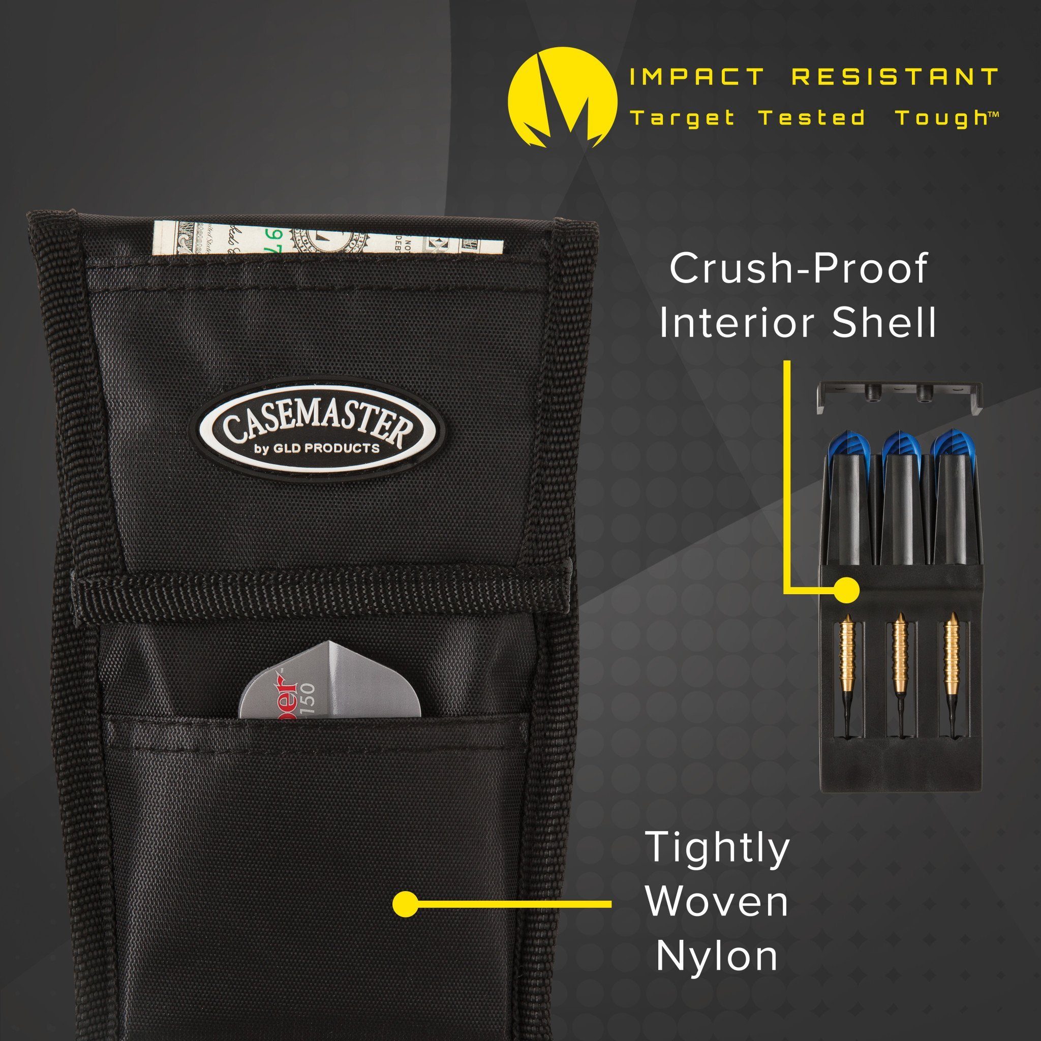 Black nylon dart case with Casemaster logo and interior compartments holding three darts