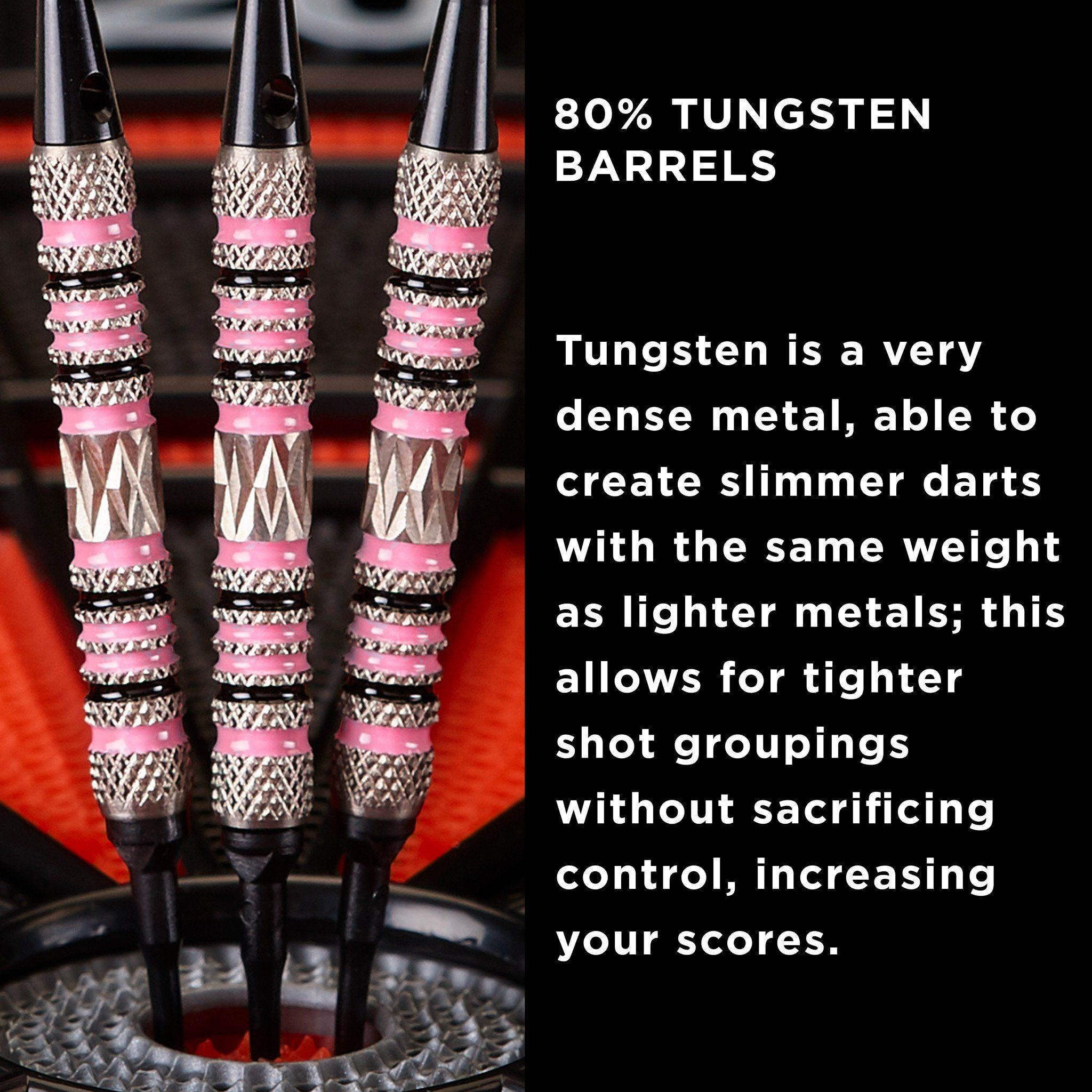 Three darts with silver knurled barrels, pink grip bands, and black flights standing upright in a dart holder