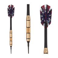 Three darts with burgundy and purple flights, black shafts, and brass barrels