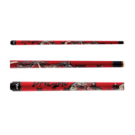 Three red cue sticks with black dragon designs and black ferrules stacked horizontally