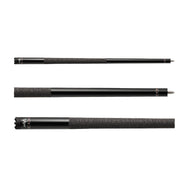 Three black cue sticks with textured gray wrap sections and metal ferrules shown horizontally