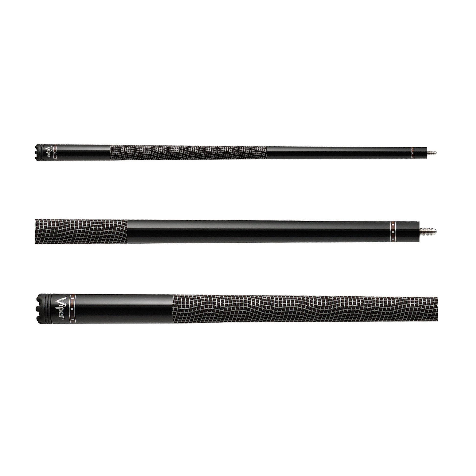 Three black cue sticks with textured gray wrap sections and metal ferrules shown horizontally