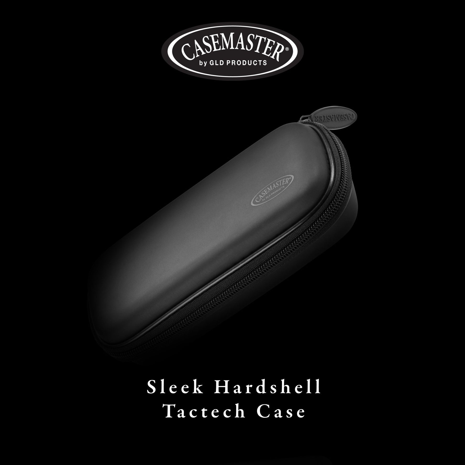 Black cylindrical dart case with zippered closure and carrying handle against dark background