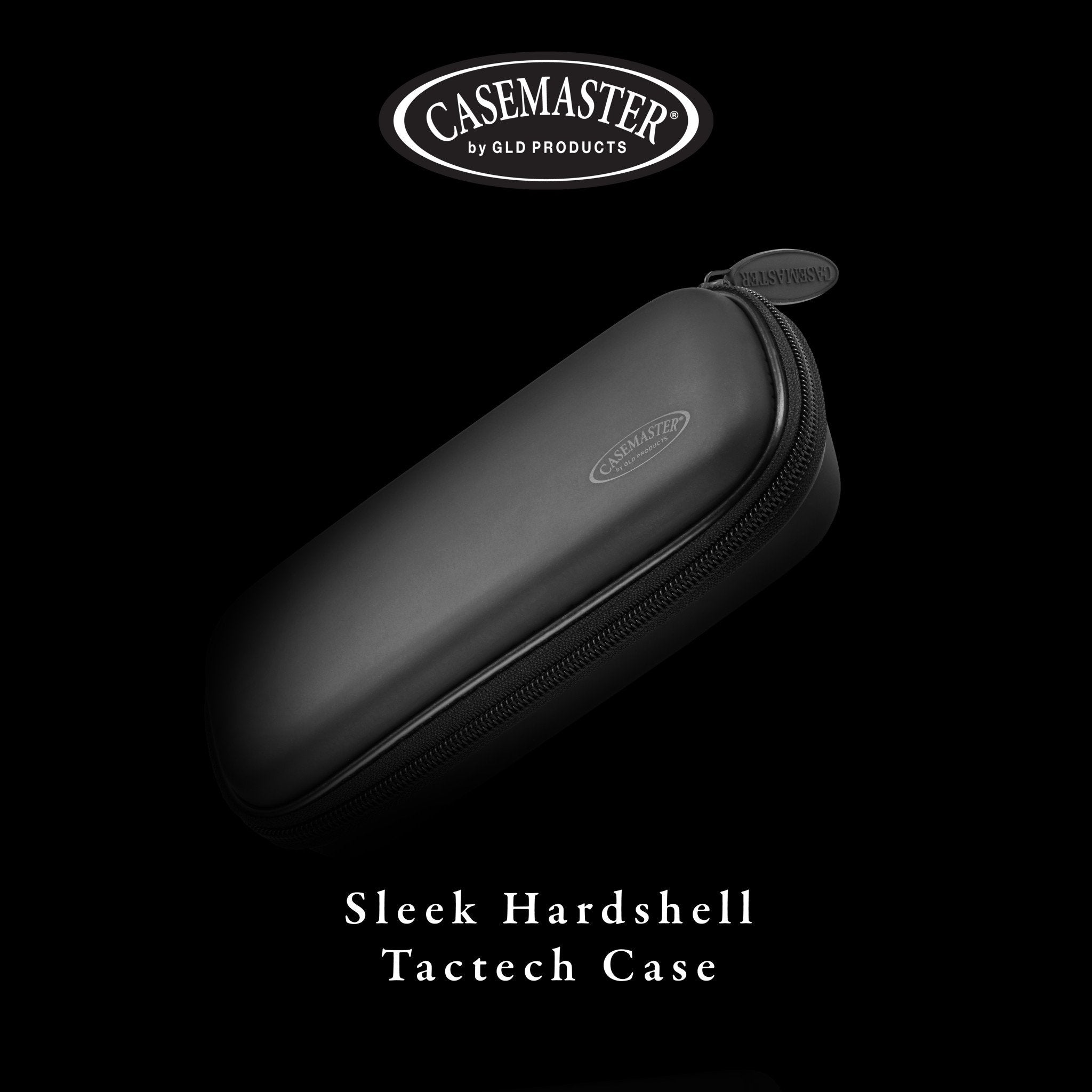 Black cylindrical dart case with zippered closure and carrying handle against dark background