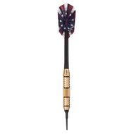 Dart with burgundy, black, white, and blue segmented flight and brass grip