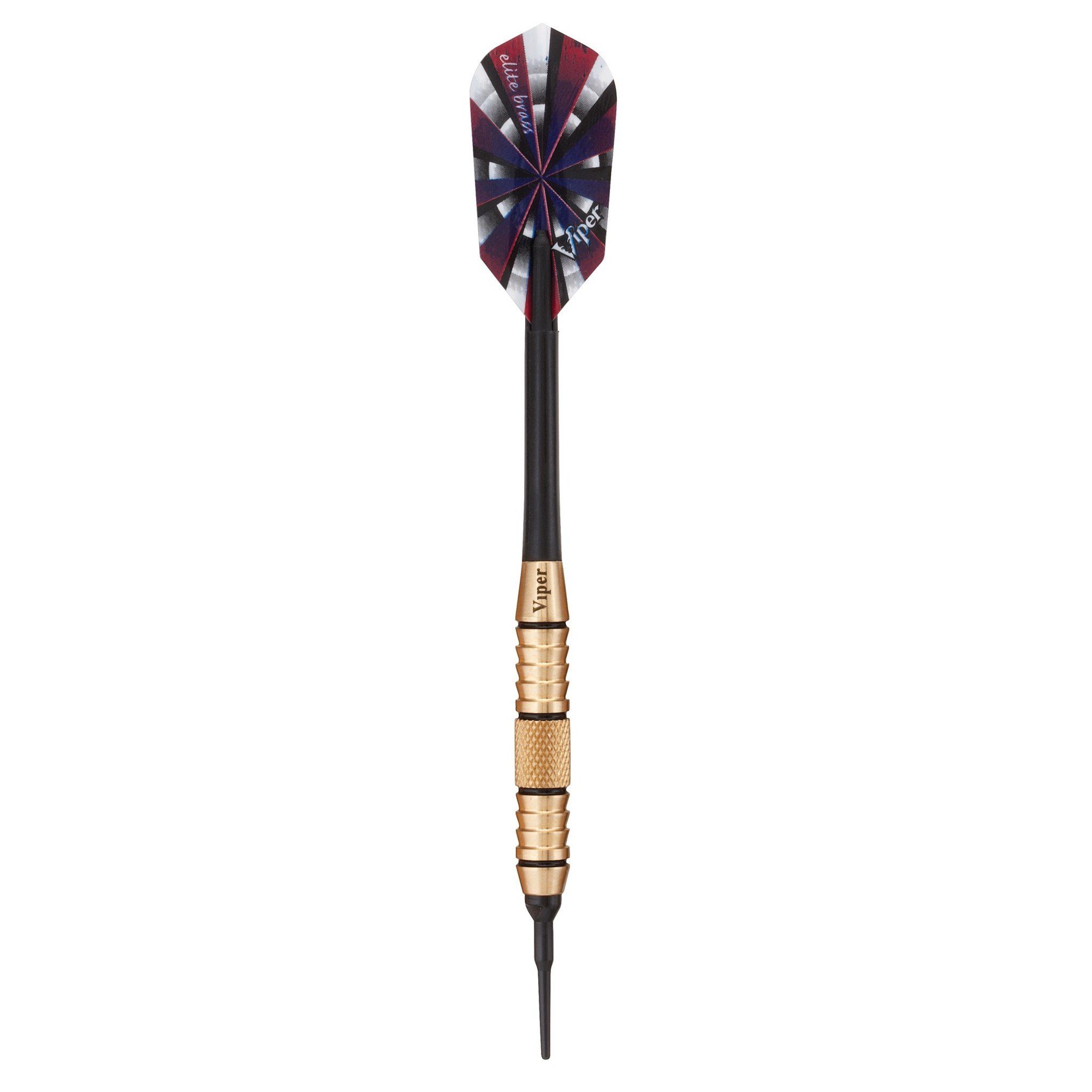 Dart with burgundy, black, white, and blue segmented flight and brass grip