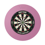 Pink foam dartboard surround with black and cream Shot King dartboard mounted in center