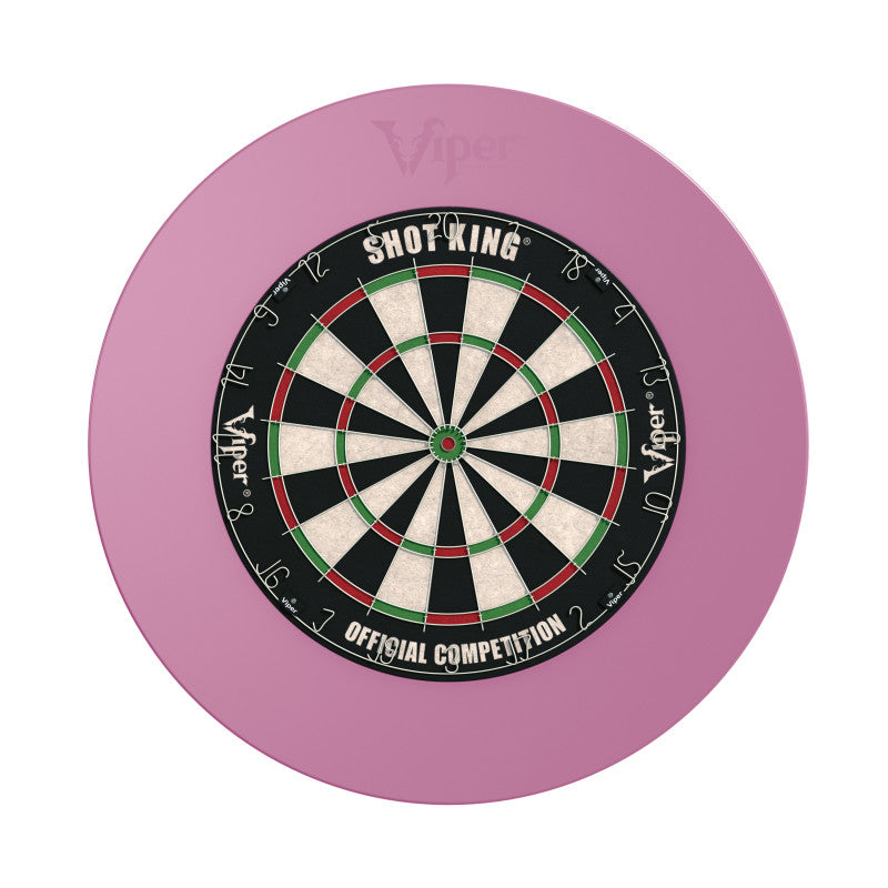 Pink foam dartboard surround with black and cream Shot King dartboard mounted in center