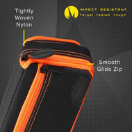 Black and orange dart case with orange trim and metal zipper pull visible