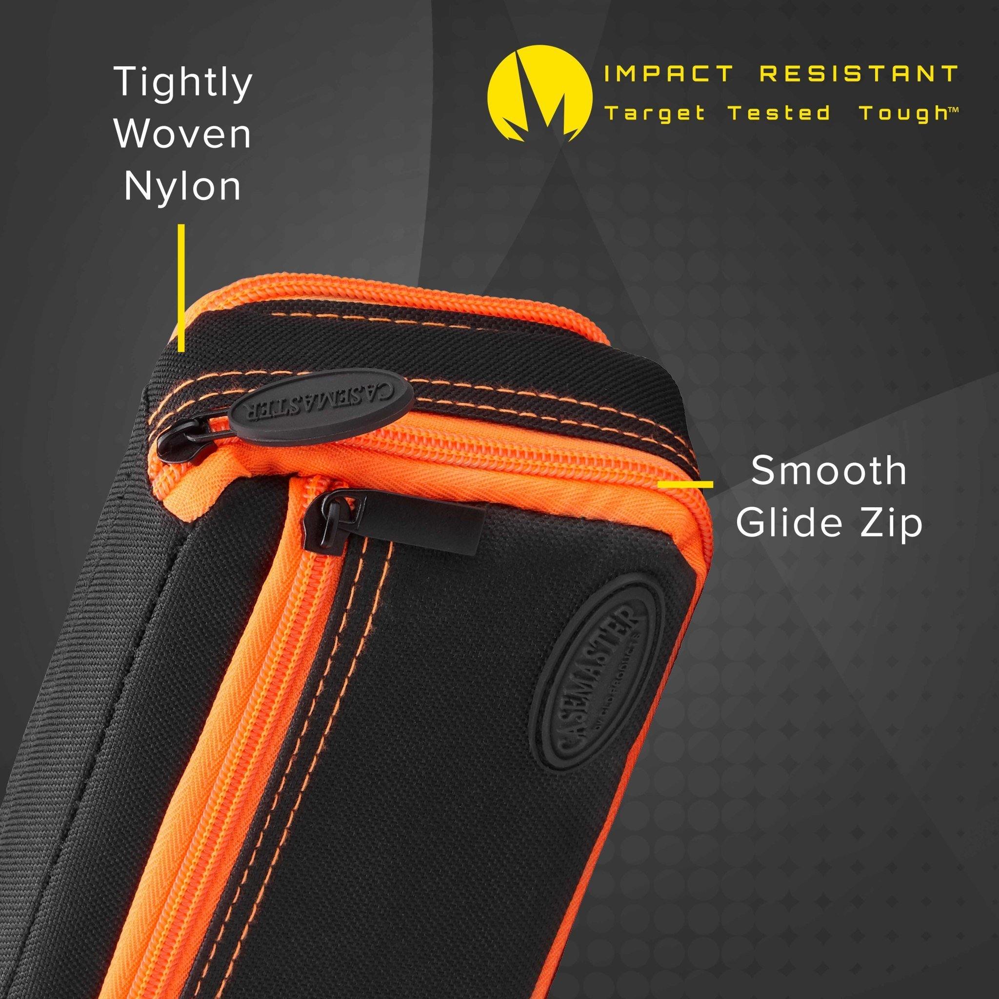 Black and orange dart case with orange trim and metal zipper pull visible