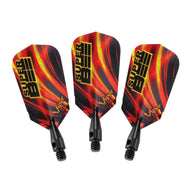 Three dart flights with red, yellow, and black gradient design and black plastic stems arranged side by side