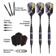 Three black darts with purple banding and yellow flights, plus shafts, tips, flights, and wrench