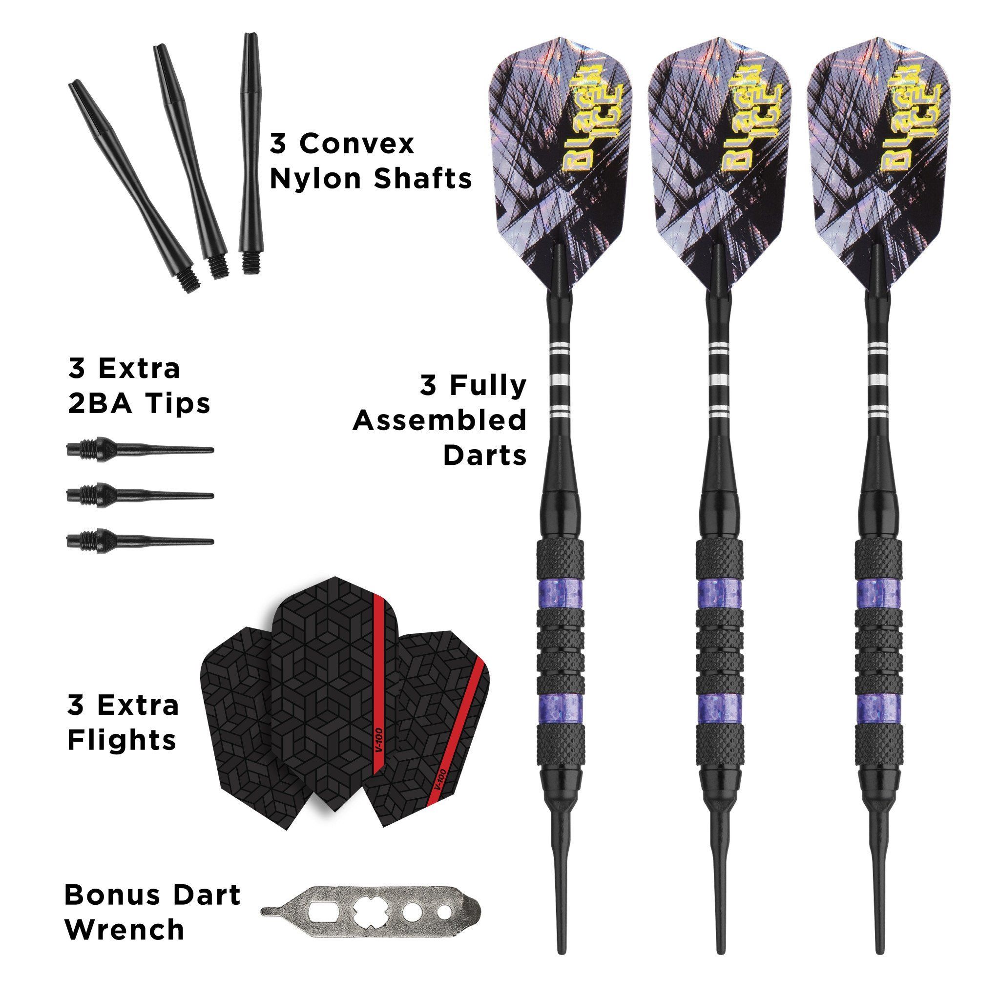 Three black darts with purple banding and yellow flights, plus shafts, tips, flights, and wrench
