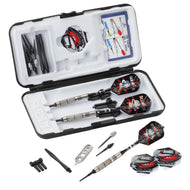 Open dart case displaying two darts with metal barrels, red flights, and accessories inside