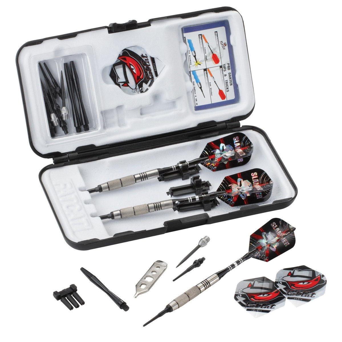 Open dart case displaying two darts with metal barrels, red flights, and accessories inside