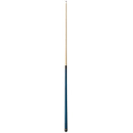 Straight cue stick with light wood upper half and dark blue wrapped lower half, metal ferrule at tip