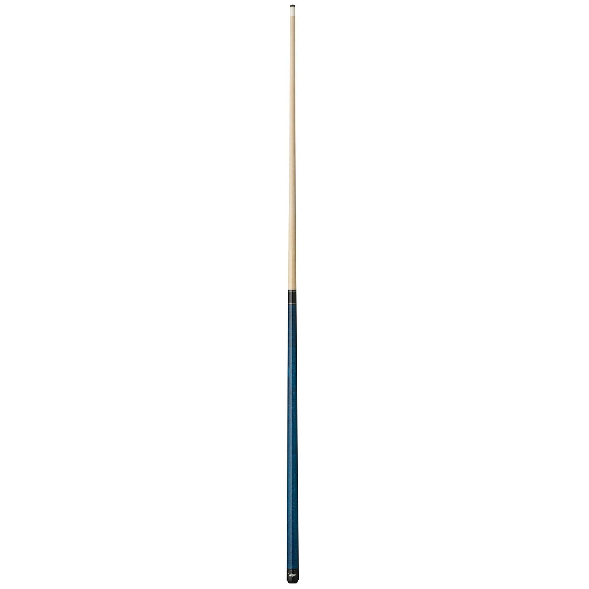 Straight cue stick with light wood upper half and dark blue wrapped lower half, metal ferrule at tip
