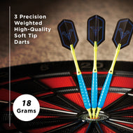 Three soft tip darts with blue-edged black flights and yellow shafts in dartboard