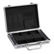 Open aluminum case with silver frame and black padded compartments inside