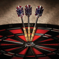 Three darts with red, white, and blue flights in a dartboard