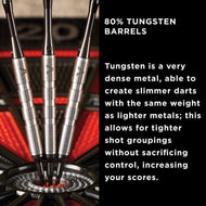Three silver tungsten dart barrels with black tips in a dartboard