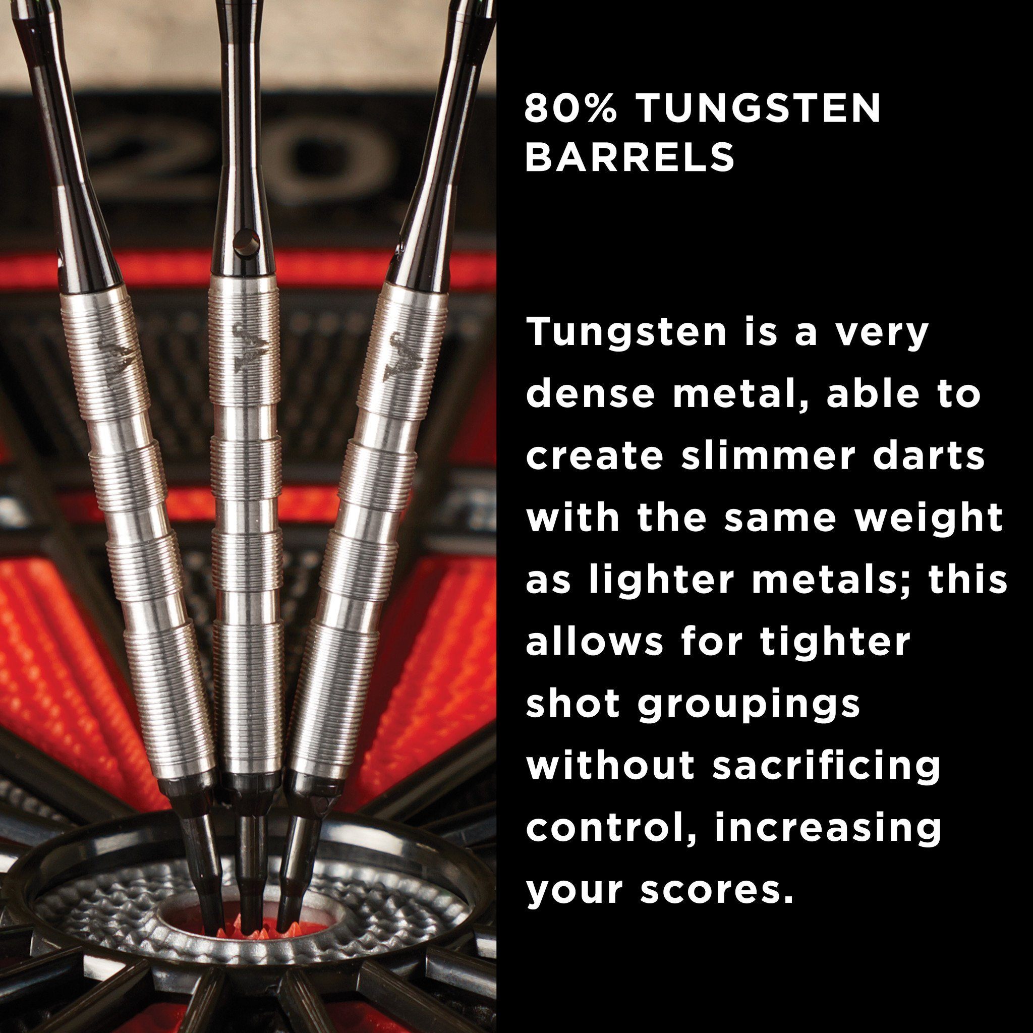 Three silver tungsten dart barrels with black tips in a dartboard