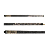 Three billiard cues with black textured grip sections and camouflage patterned wraps with brass ferrules