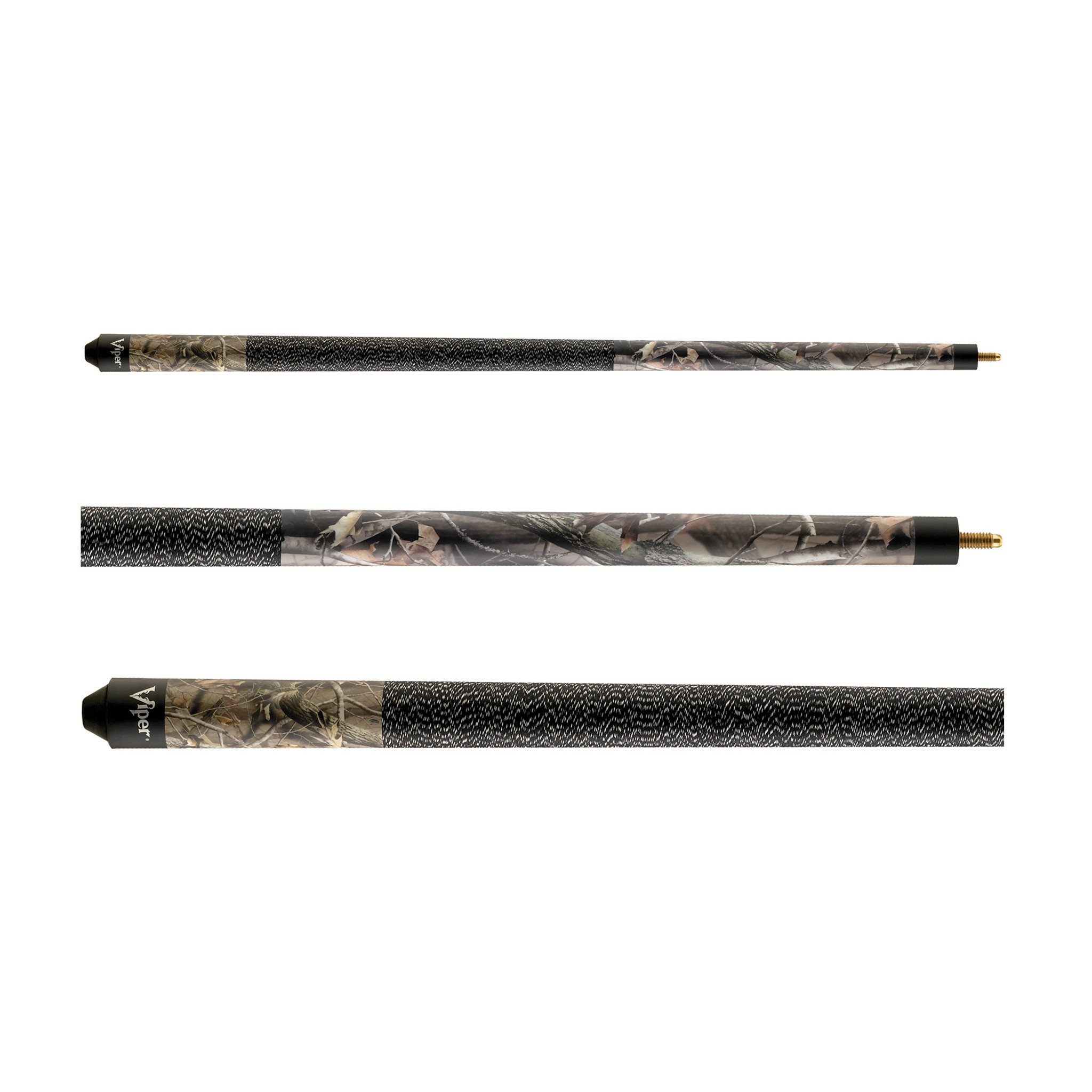 Three billiard cues with black textured grip sections and camouflage patterned wraps with brass ferrules