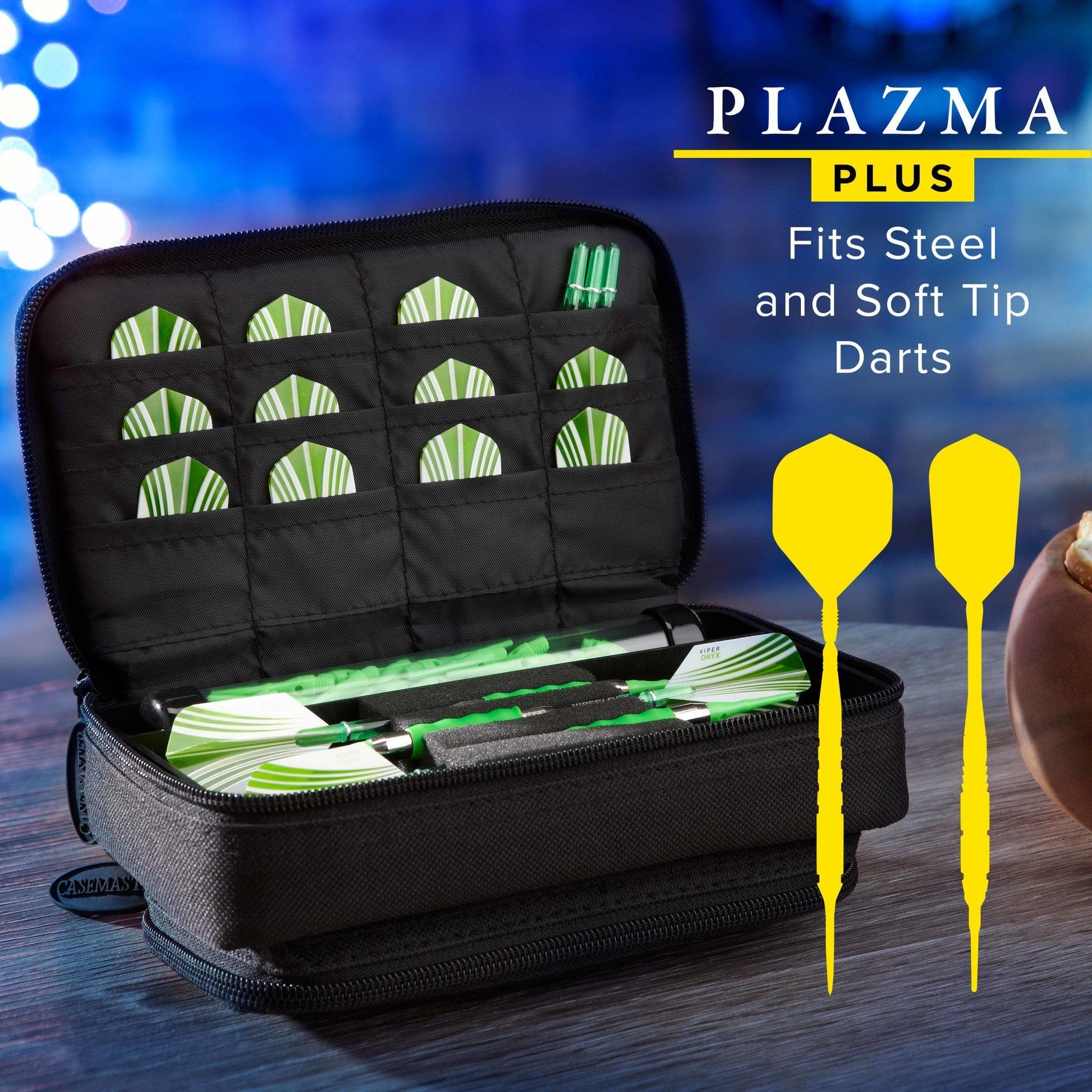 Black dart case open showing green and white striped darts in quilted slots