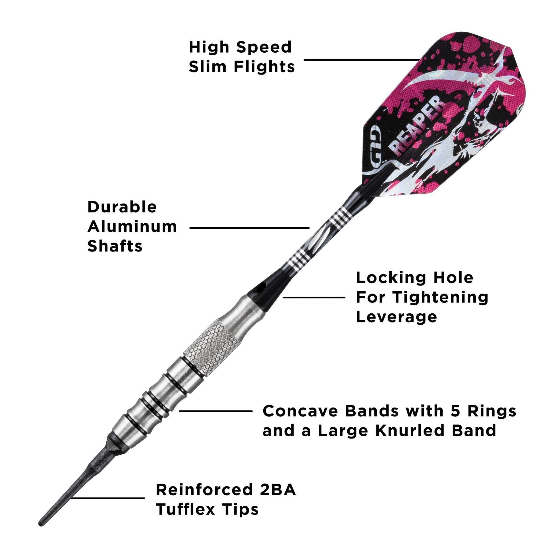 Diagram of a dart with pink and black flight, aluminum shaft, and labeled structural components