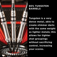 Three darts with silver barrels and black tips in a dartboard