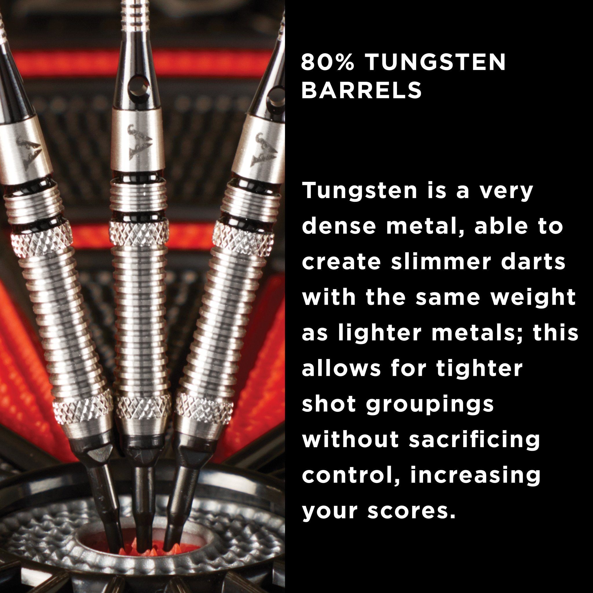 Three darts with silver barrels and black tips in a dartboard
