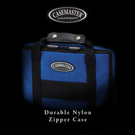 Blue and black nylon dart case with black handles, silver snaps, and Casemaster logo patch on front