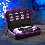 Open dart case with magenta zipper displaying pink-striped flights and loose darts inside
