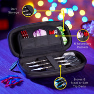 Open black dart case displaying darts, flights, and accessories in labeled storage compartments